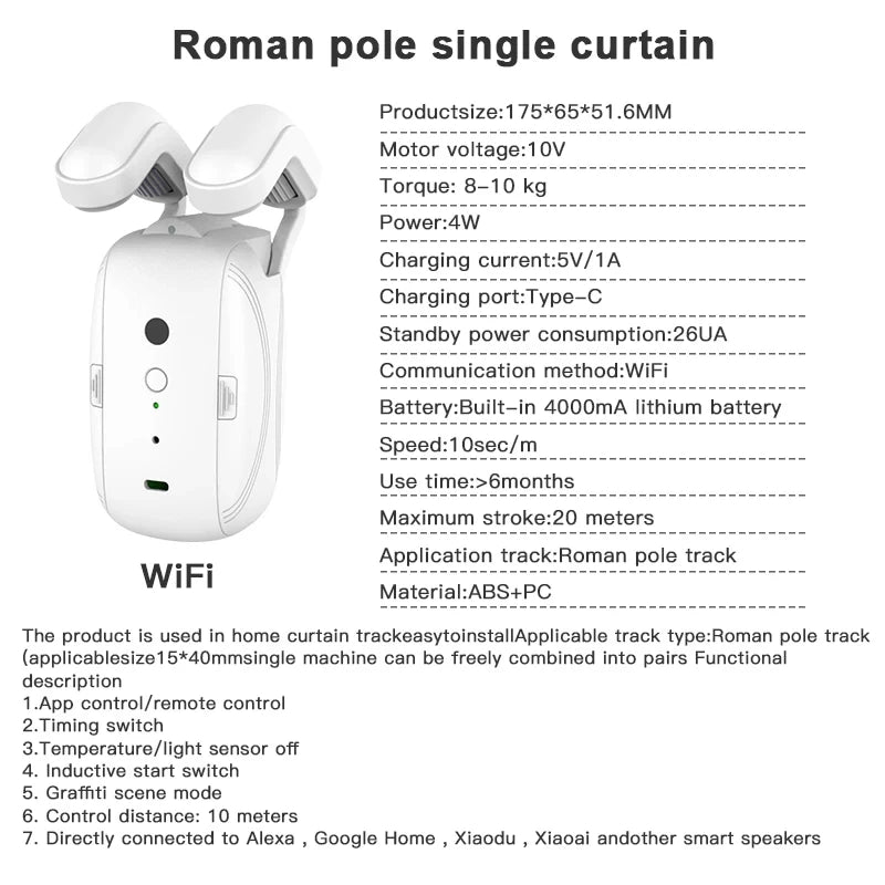 Smart Curtain Robot Motor with WiFi/BL Technology - Automatic Electric Curtain Opener for Roman Rod Rail with Remote Control