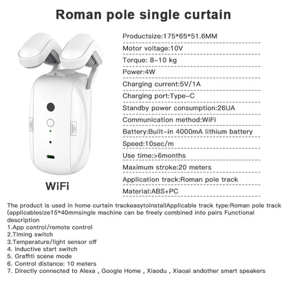 Smart Curtain Robot Motor with WiFi/BL Technology - Automatic Electric Curtain Opener for Roman Rod Rail with Remote Control