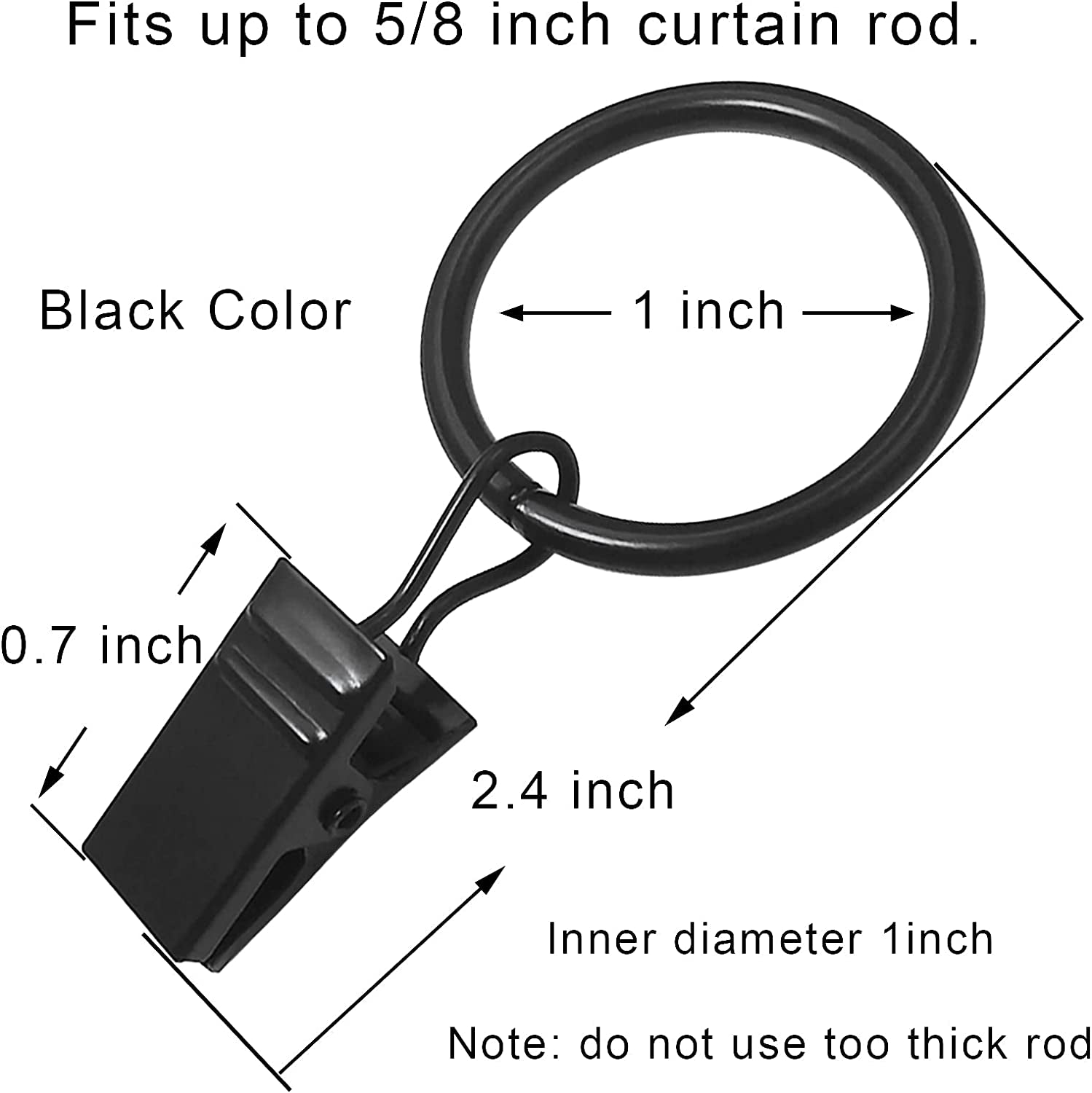 Metal Curtain Rings with Clips - 44 Pack, 1 Inch Inner Diameter, Compatible with 5/8 Inch Curtain Rods, Black