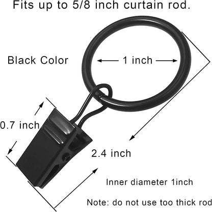 Metal Curtain Rings with Clips - 44 Pack, 1 Inch Inner Diameter, Compatible with 5/8 Inch Curtain Rods, Black