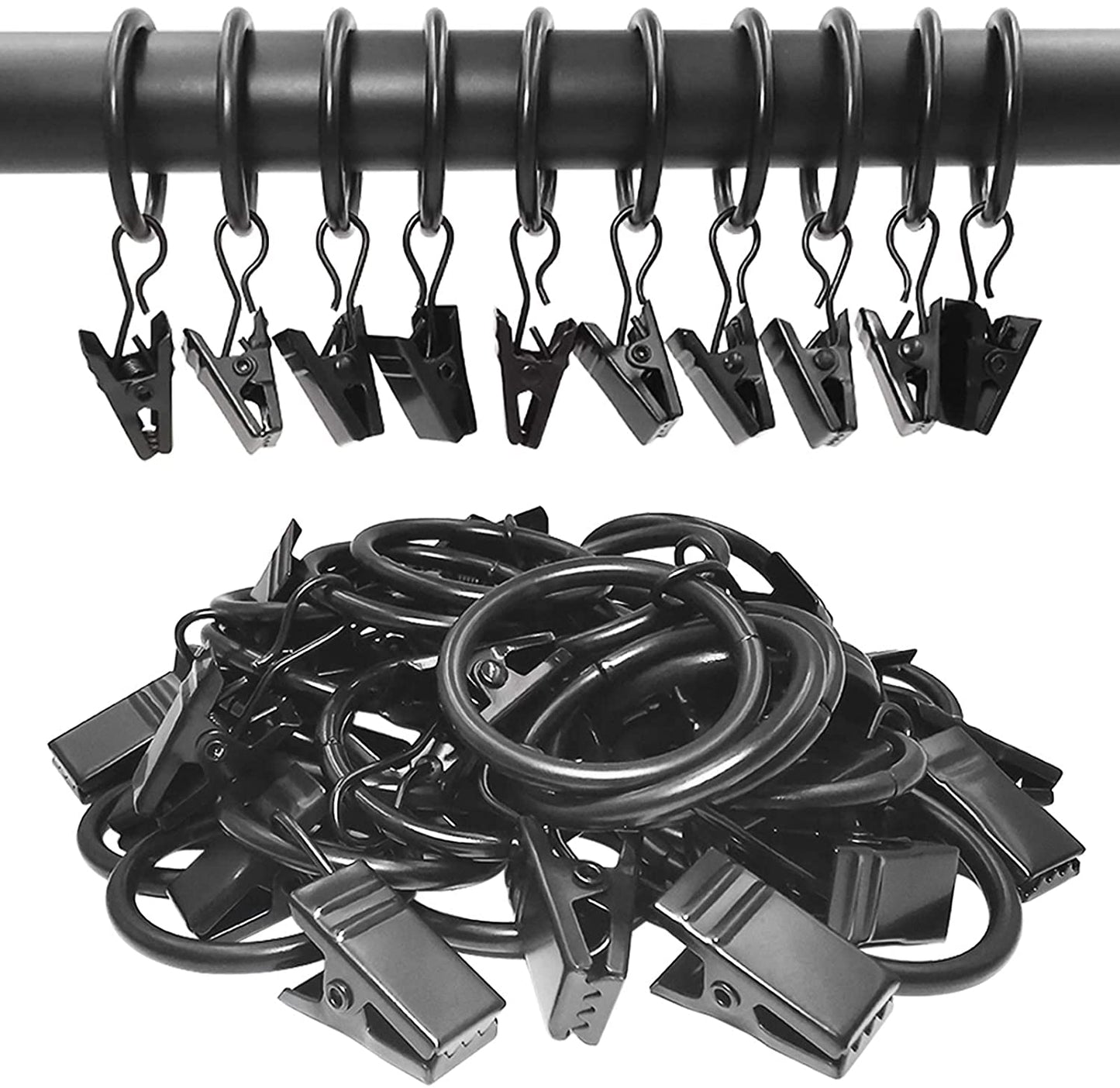 Metal Curtain Rings with Clips - 44 Pack, 1 Inch Inner Diameter, Compatible with 5/8 Inch Curtain Rods, Black