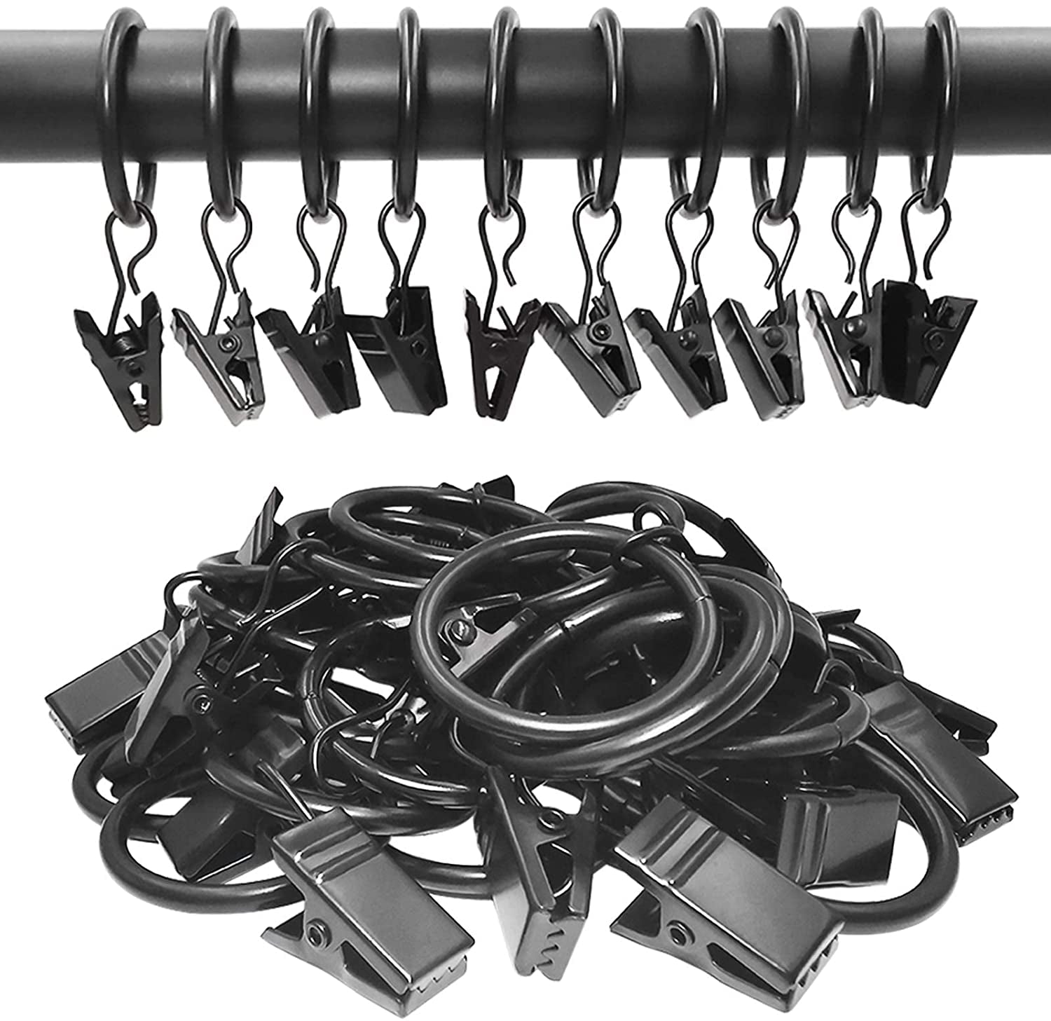Metal Curtain Rings with Clips - 44 Pack, 1 Inch Inner Diameter, Compatible with 5/8 Inch Curtain Rods, Black