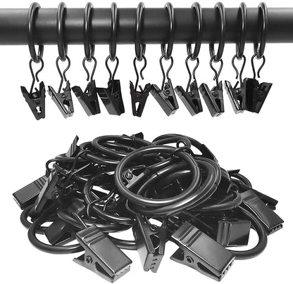 Metal Curtain Rings with Clips - 44 Pack, 1 Inch Inner Diameter, Compatible with 5/8 Inch Curtain Rods, Black