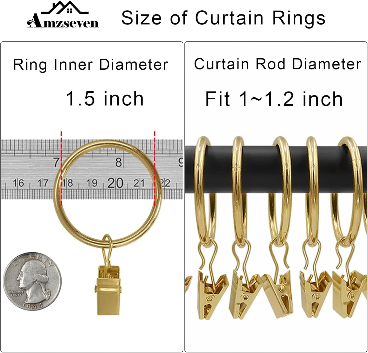 100-Pack Gold Metal Curtain Rings with Clips, 1.5-Inch Interior Diameter Drapery Hooks