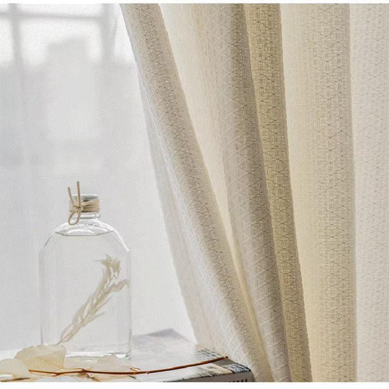 Bohemian Beige Cotton Linen Curtains for Living Room and Bedroom - Custom Southeast Asian Retro Tatami Tulle Design