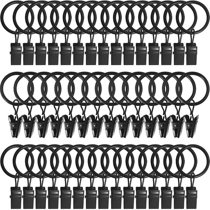 Metal Curtain Rings with Clips - 44 Pack, 1 Inch Inner Diameter, Compatible with 5/8 Inch Curtain Rods, Black