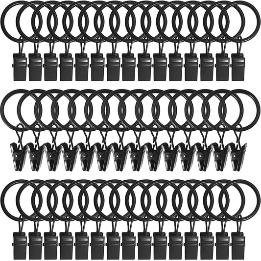 Metal Curtain Rings with Clips - 44 Pack, 1 Inch Inner Diameter, Compatible with 5/8 Inch Curtain Rods, Black
