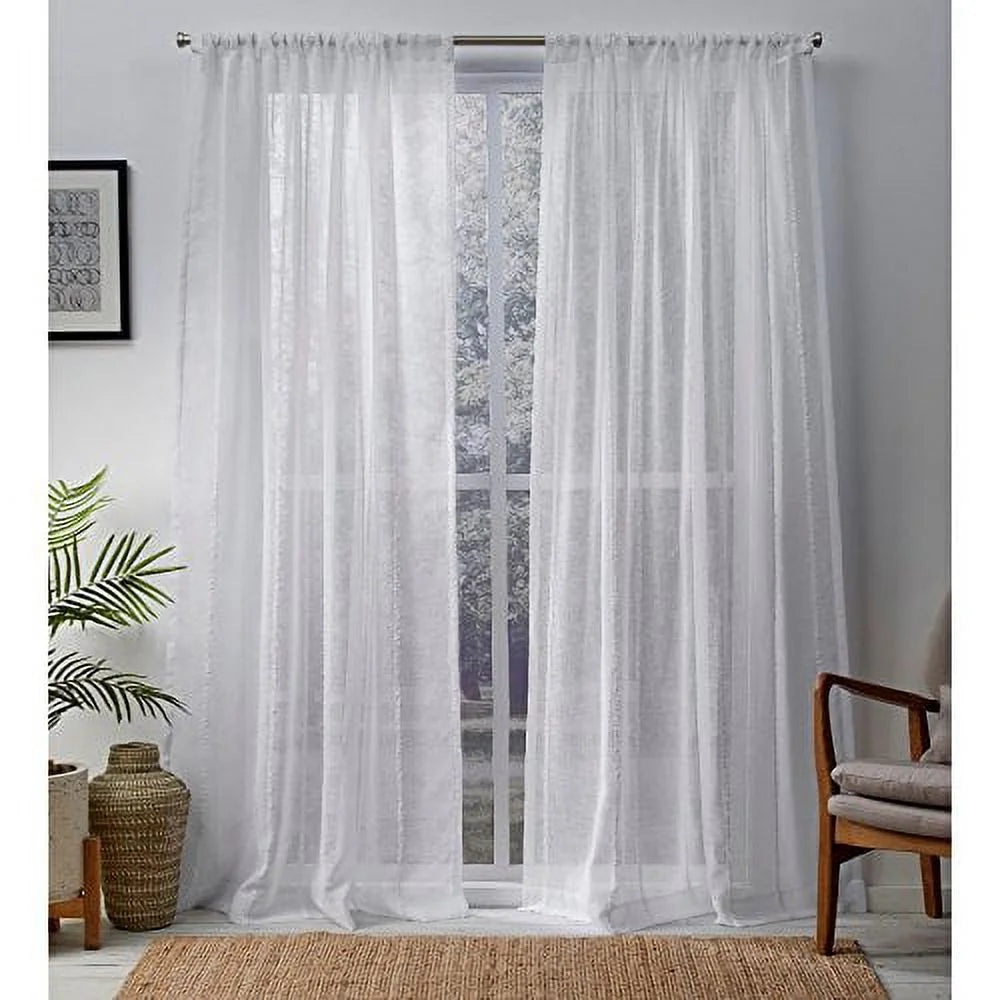 Curtains Santos Embellished Stripe Sheer Linen Rod Pocket Curtain Panel Pair, 54X96, Winter White