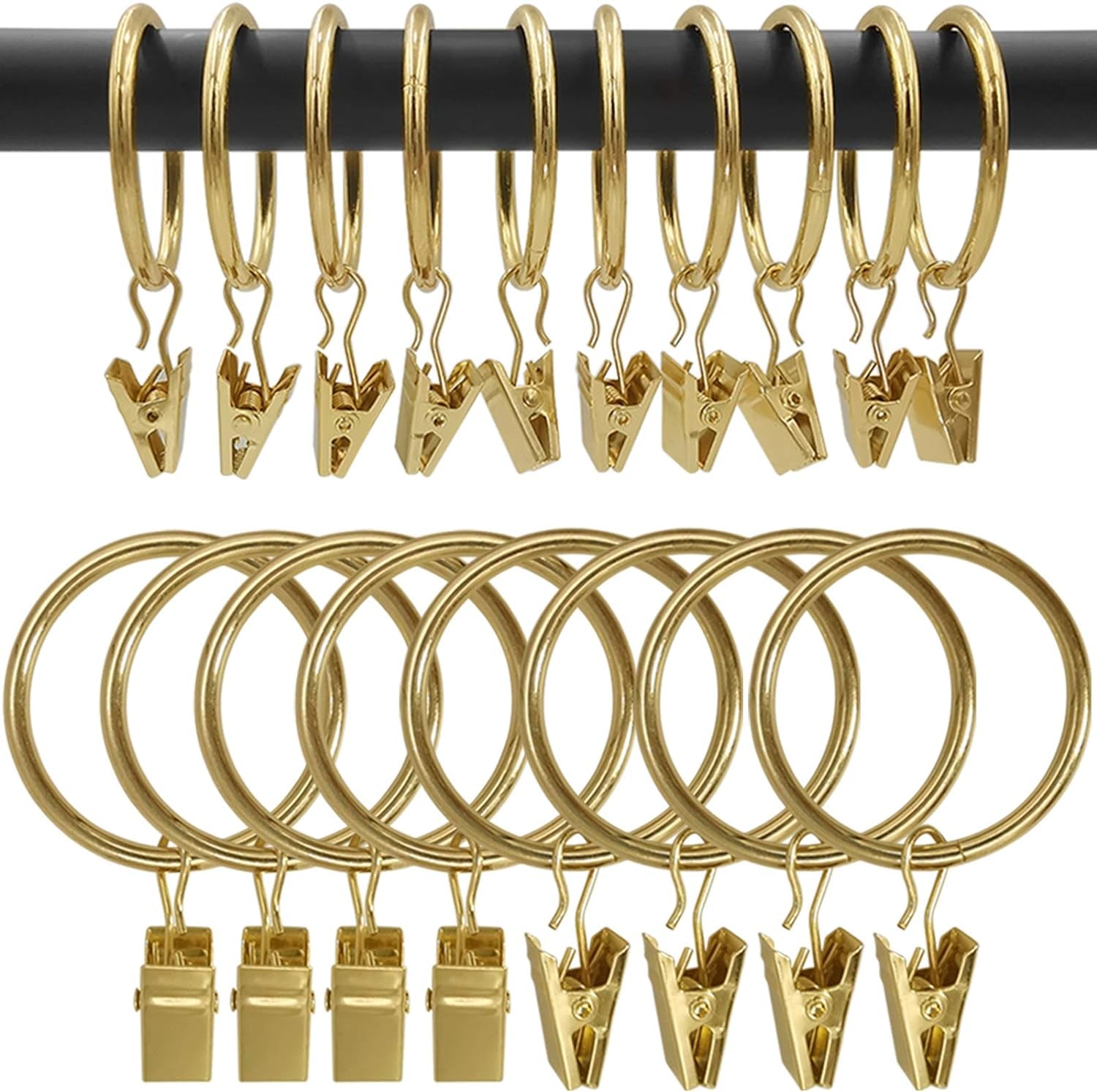 100-Pack Gold Metal Curtain Rings with Clips, 1.5-Inch Interior Diameter Drapery Hooks