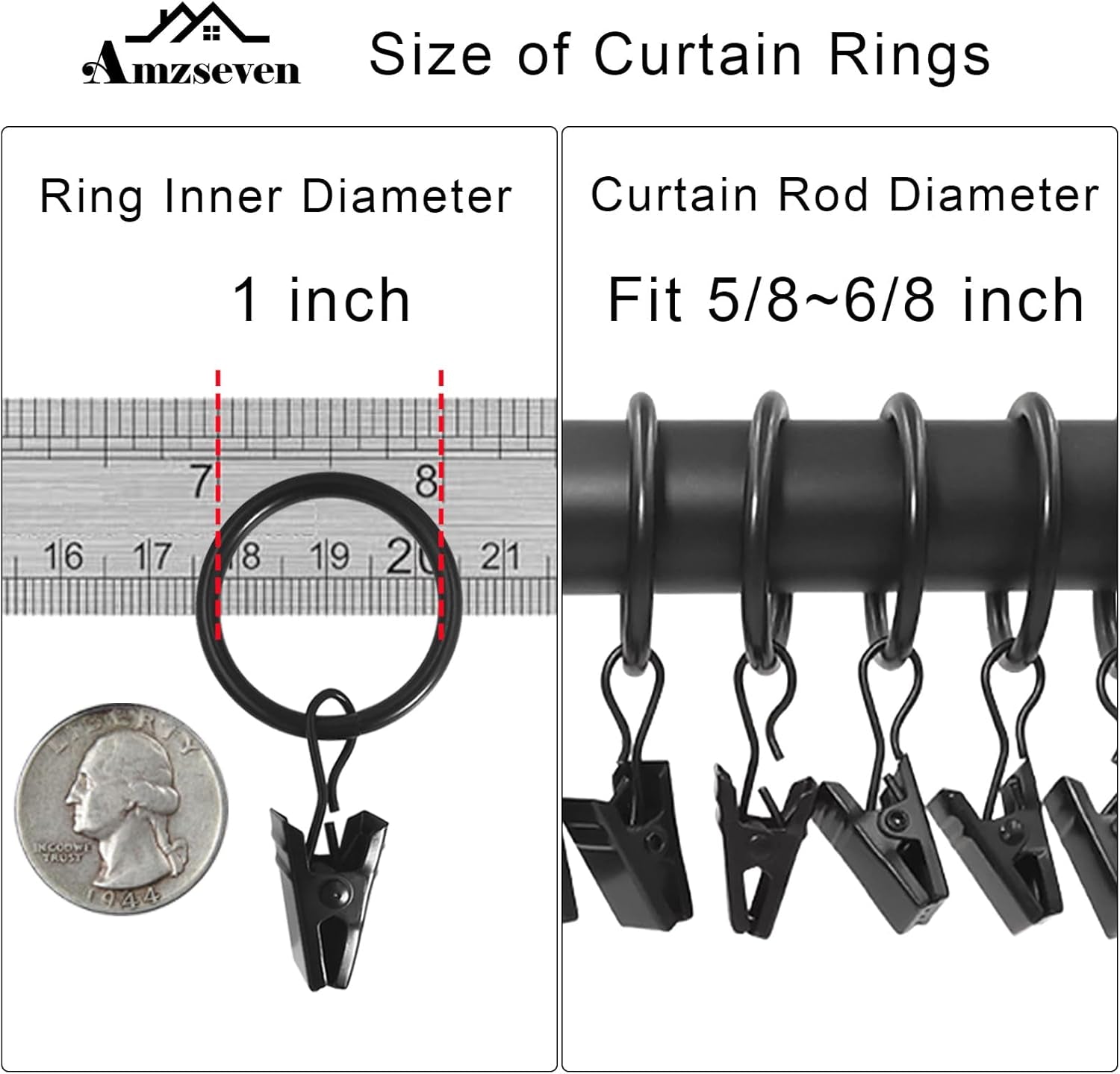 Metal Curtain Rings with Clips - 44 Pack, 1 Inch Inner Diameter, Compatible with 5/8 Inch Curtain Rods, Black