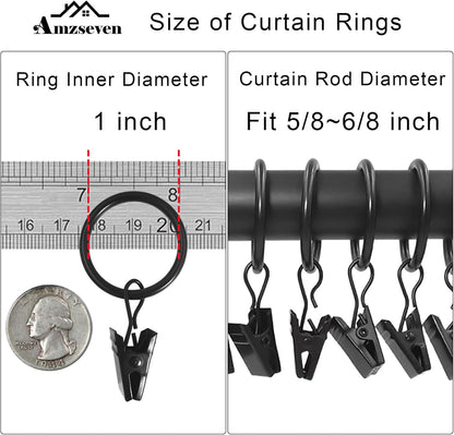 Metal Curtain Rings with Clips - 44 Pack, 1 Inch Inner Diameter, Compatible with 5/8 Inch Curtain Rods, Black