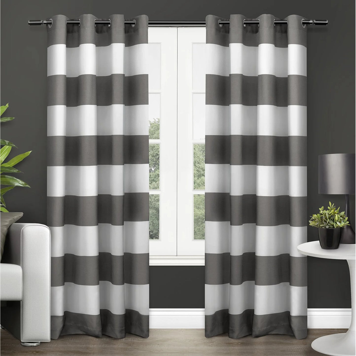 Surfside Cabana Stripe Cotton-Blend Grommet Top Light Filtering Curtain Panel Pair, 54" x 84", Black Pearl