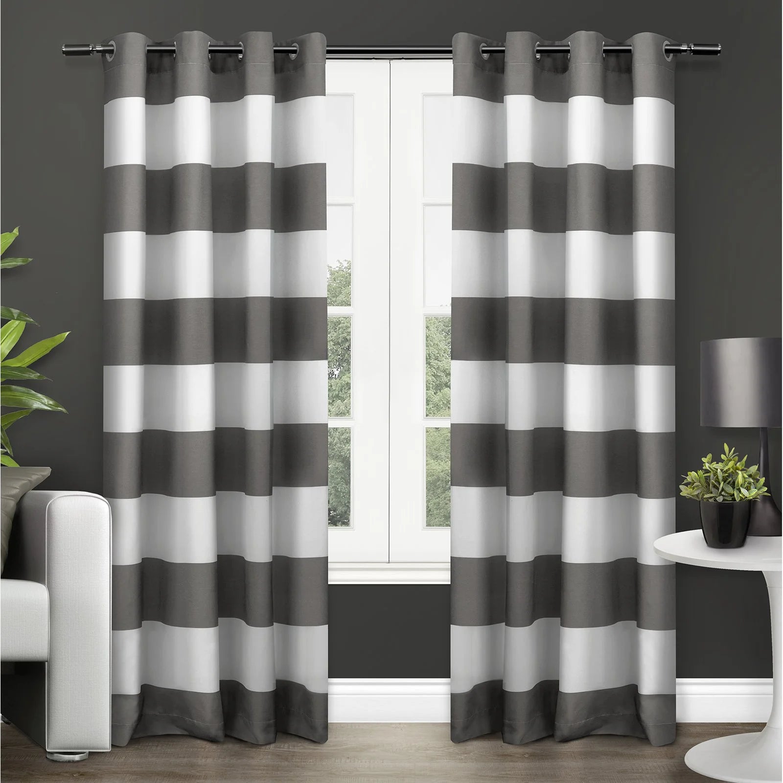 Surfside Cabana Stripe Cotton-Blend Grommet Top Light Filtering Curtain Panel Pair, 54" x 84", Black Pearl