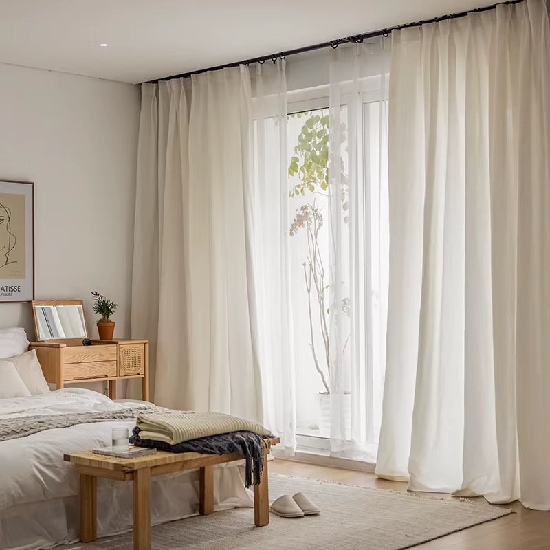 Bohemian Beige Cotton Linen Curtains for Living Room and Bedroom - Custom Southeast Asian Retro Tatami Tulle Design