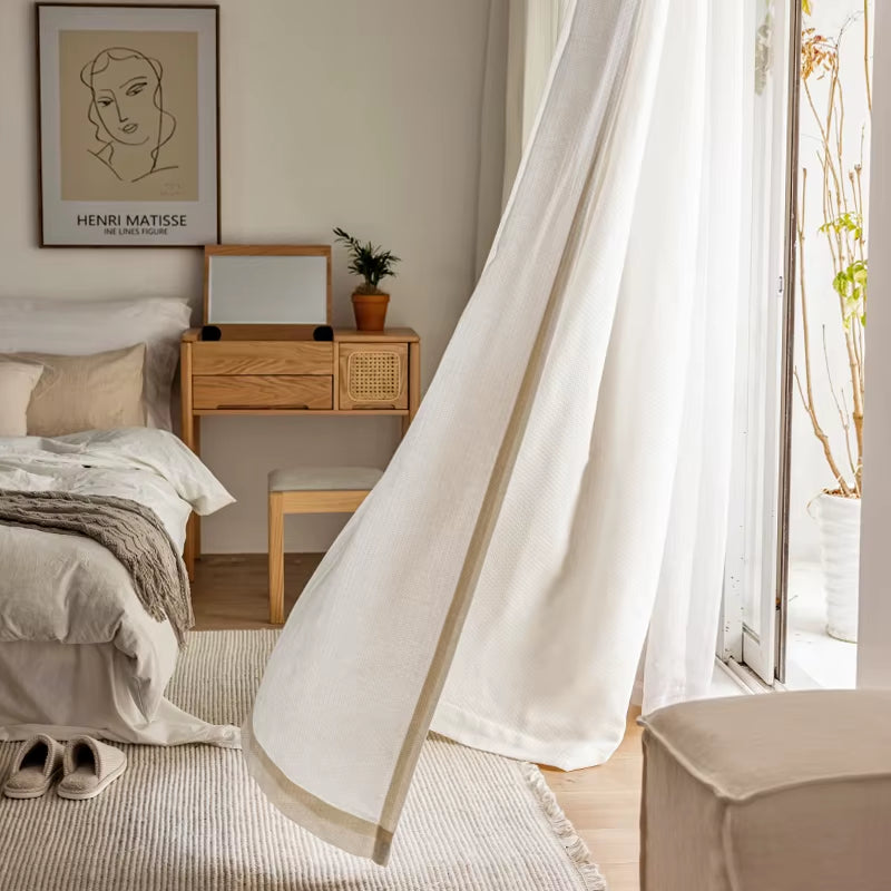 Bohemian Beige Cotton Linen Curtains for Living Room and Bedroom - Custom Southeast Asian Retro Tatami Tulle Design