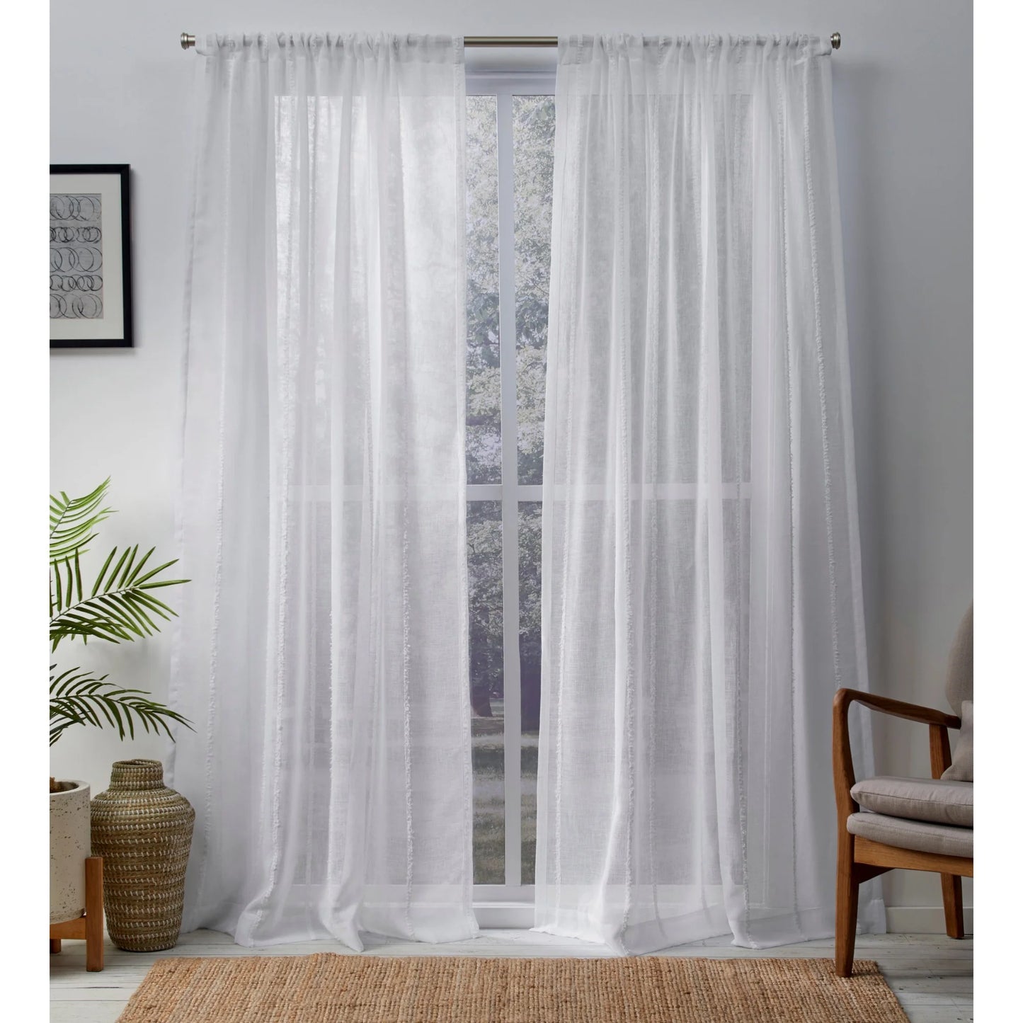 Curtains Santos Embellished Stripe Sheer Linen Rod Pocket Curtain Panel Pair, 54X96, Winter White